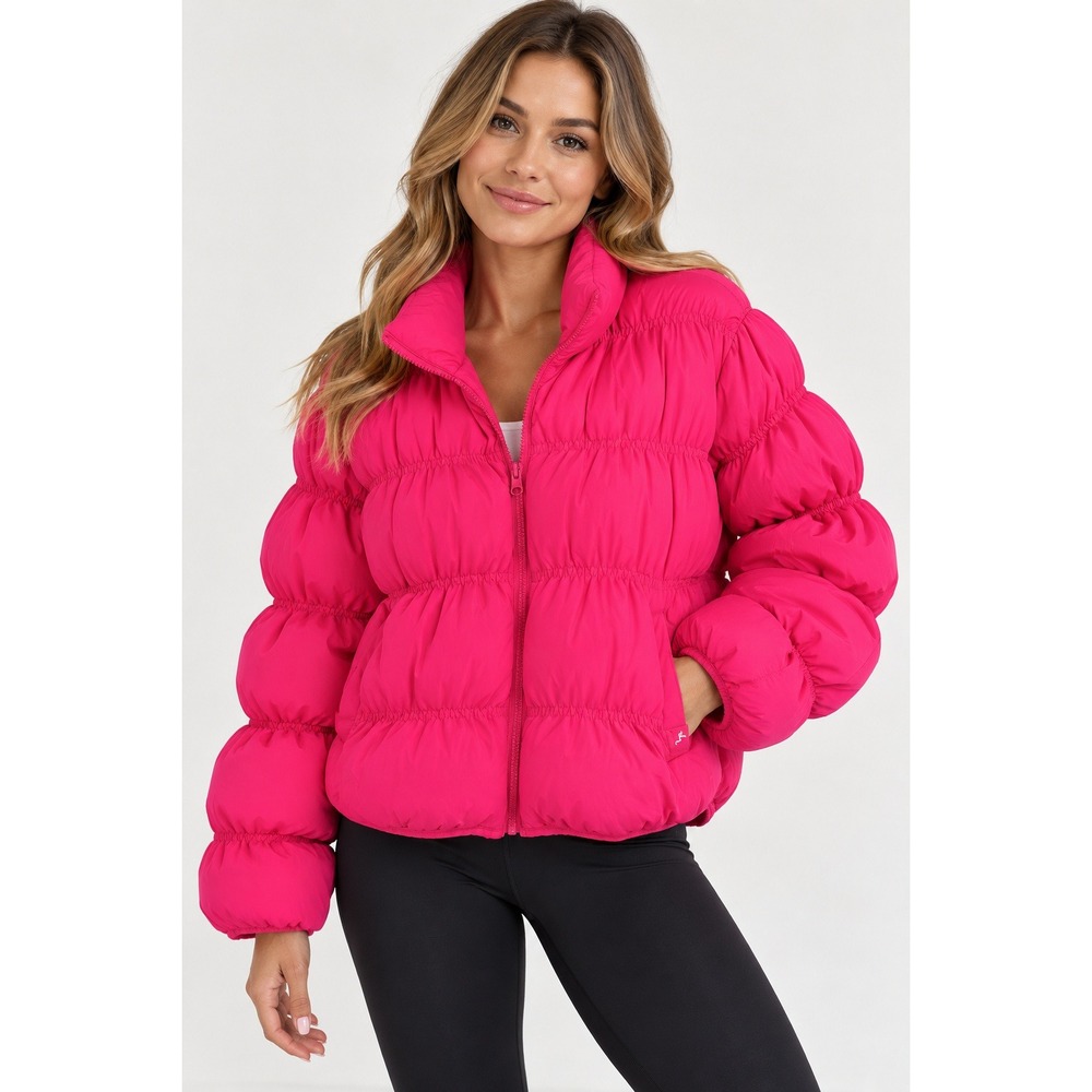 JoyLab Women's Hot Pink Smocked Puffer Jacket Full Zip High Low Hem Size Large